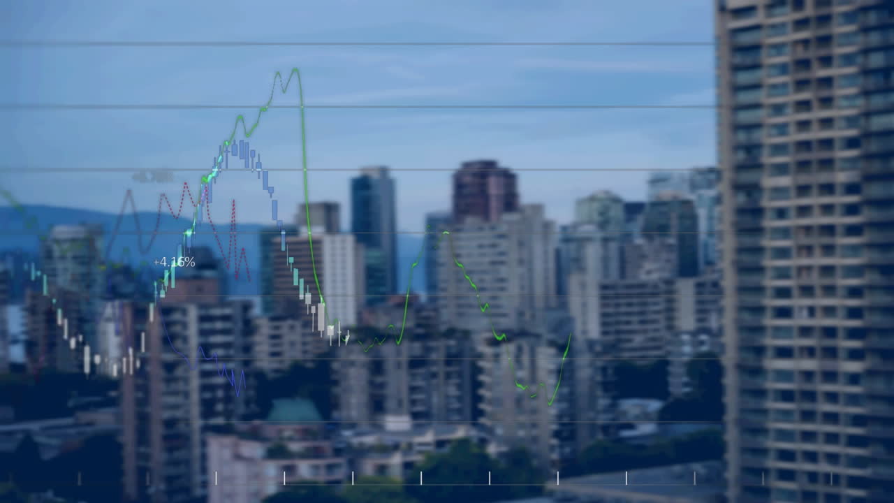 animación de diversos datos y gráficos estadísticos sobre el distrito financiero de la ciudad
