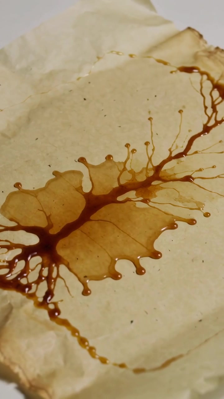 Vertical video: Pouring from clay jar, brown liquid spreading on parchment, forming branching beads