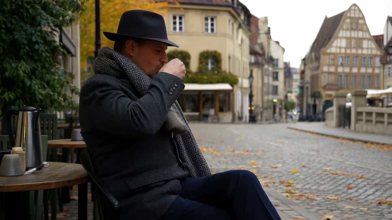 Mann trinkt Kaffee auf einem Kopfsteinpflasterplatz in einer historischen europäischen Stadt, mit Fedora und dickem Schal