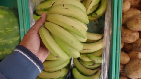 mano sosteniendo un montón de plátanos verdes en un mercado