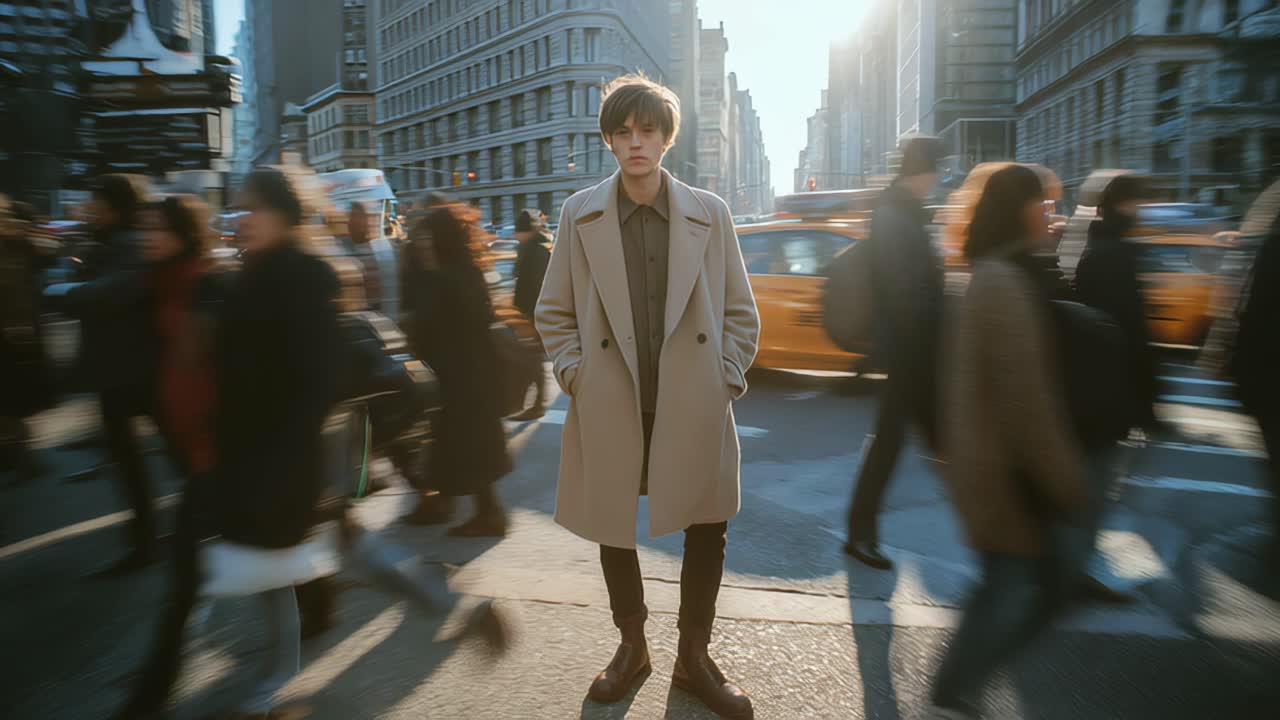 Man in beige trench coat standing by taxi on busy city street