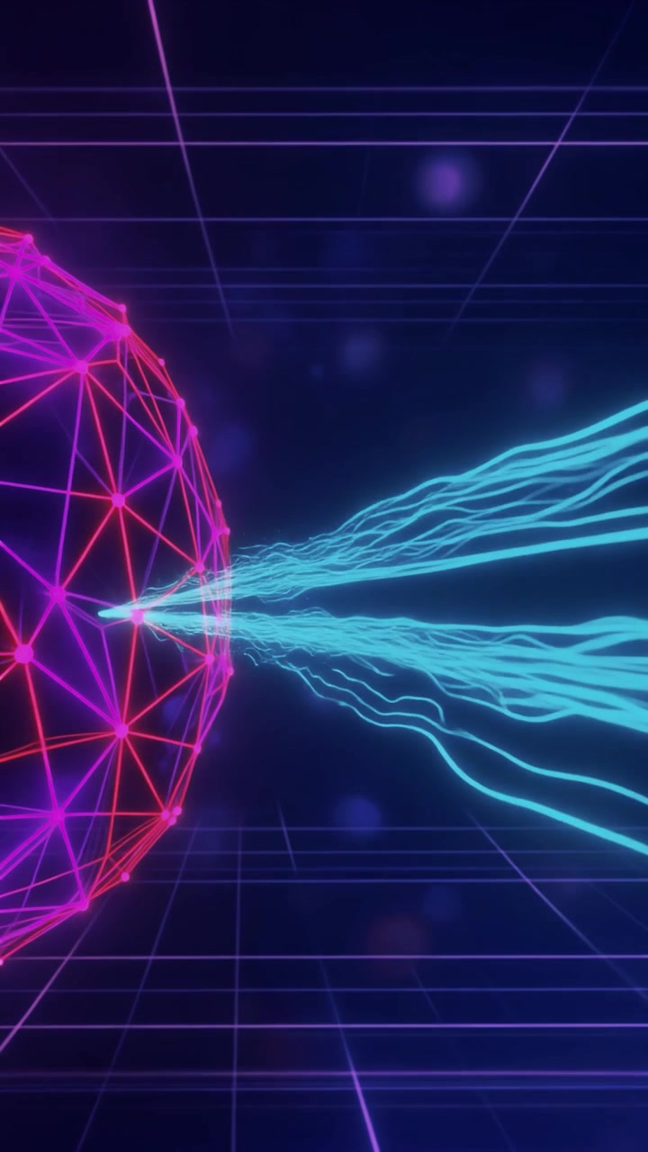 Sfera wireframe astratta al neon che emette raggi di energia blu
