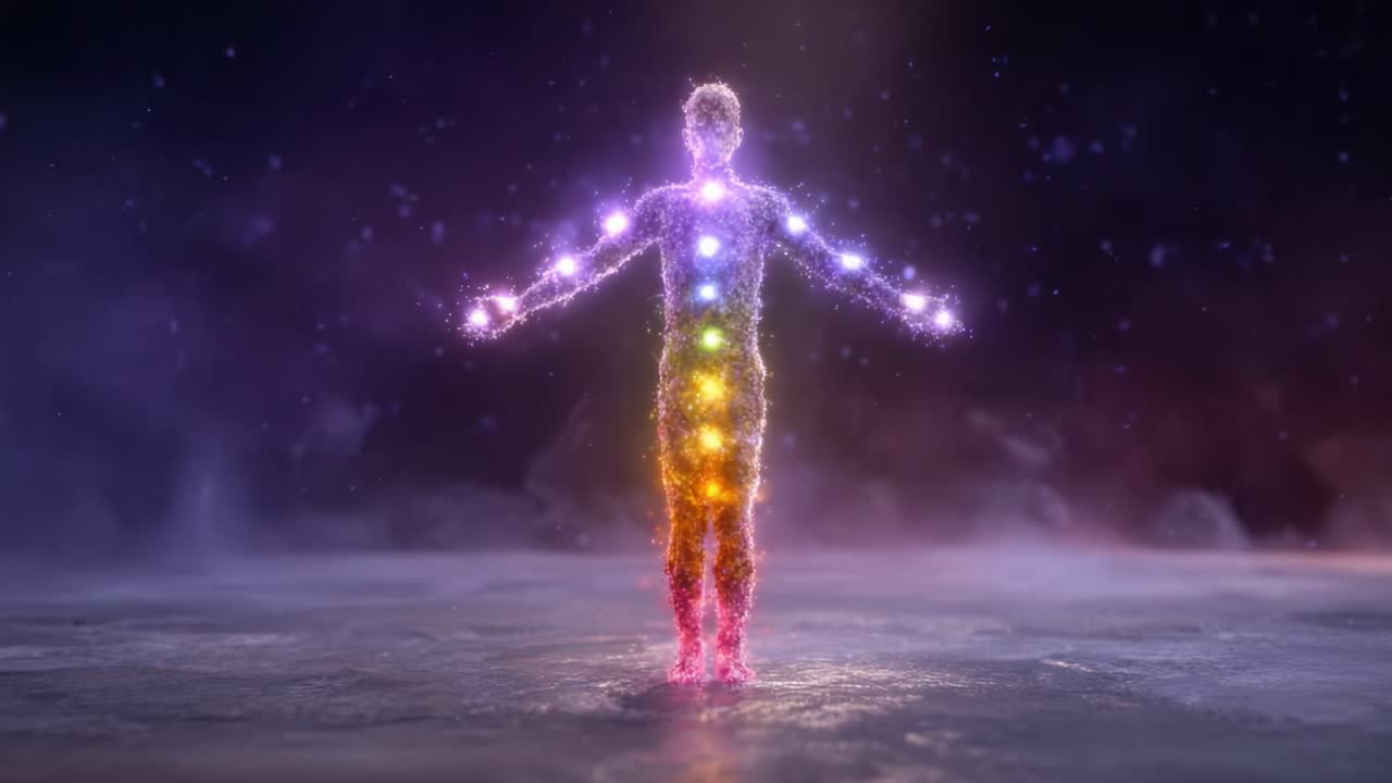 A glowing figure surrounded by radiant energy rises against a darkened backdrop, embodying the essence of spirituality and inner light through vibrant color representations