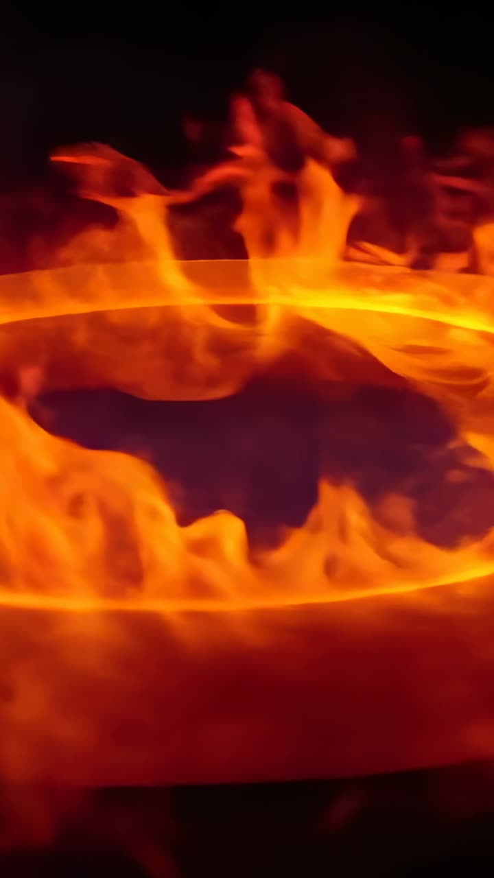 Vertical video: Gas flow starting, bright flame ring flickering and forming loops in dark studio