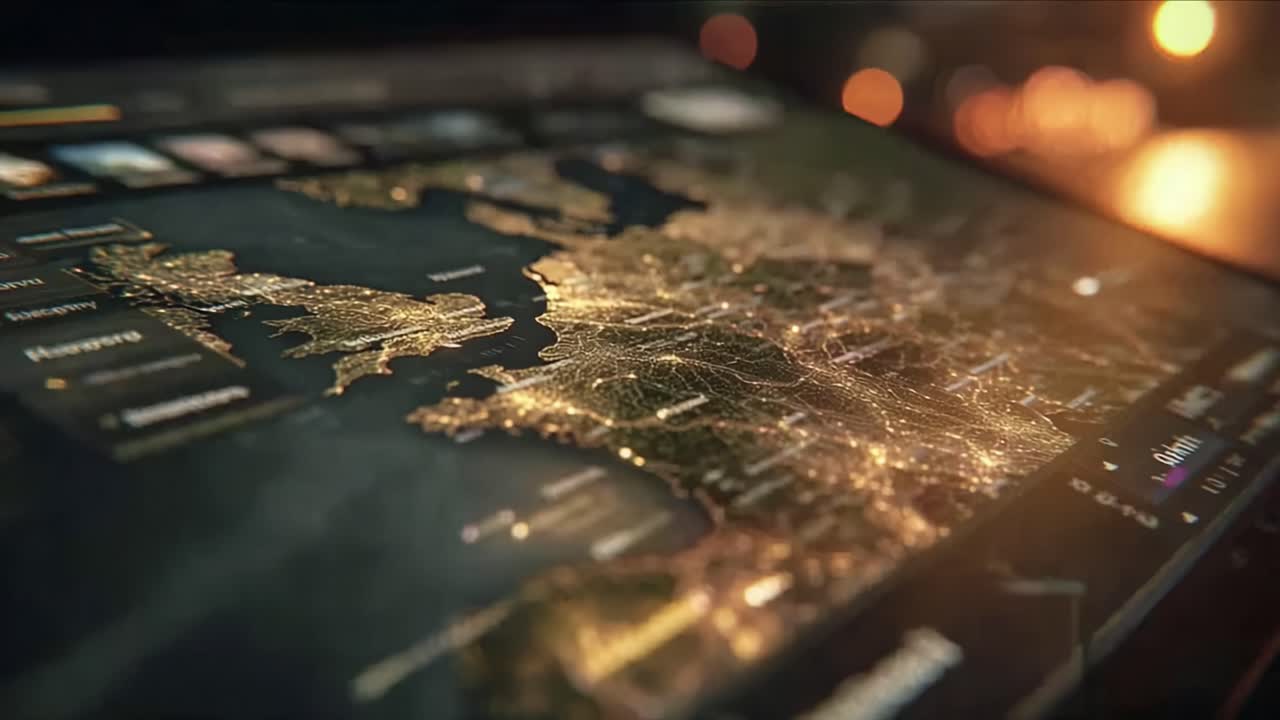 Detailed Aerial Visualization of a Geographic Region Highlighted with Illuminated City Streets and Network Connections at Night