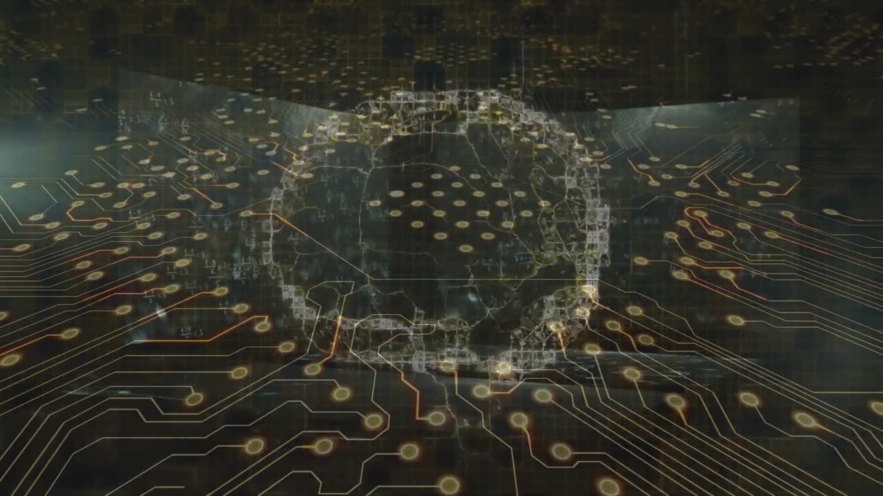 Animation of digital brain over computer circuit board on black background