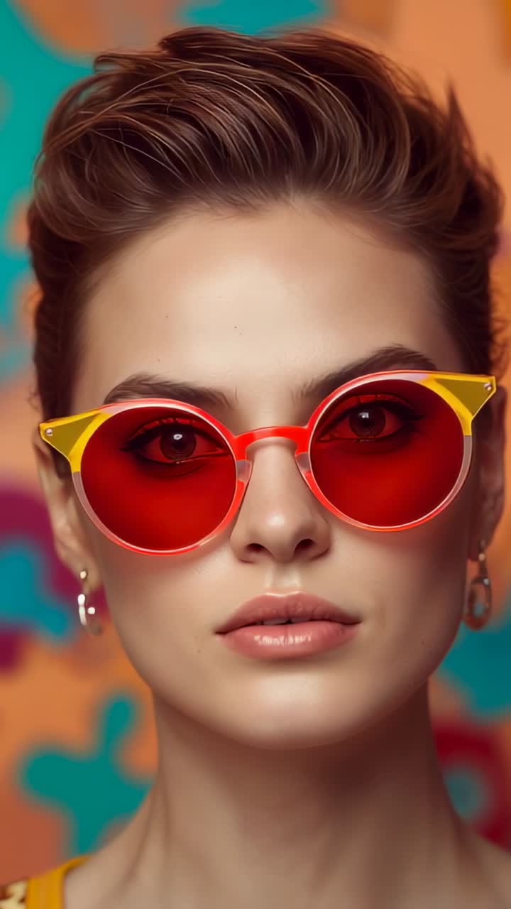 Vertical video: Model raising hand adjusting sunglasses then blinking in studio with hoop earrings