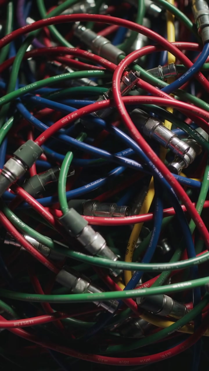 Vertical video: Panning camera revealing tangle of colored wires in bin, documenting connectors
