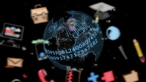 animación de redes de conexiones con iconos digitales sobre números cambiantes y globo