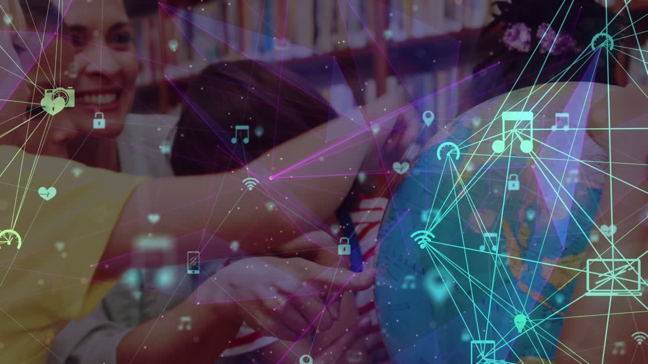 Animation of network of connections over diverse schoolchildren with globe