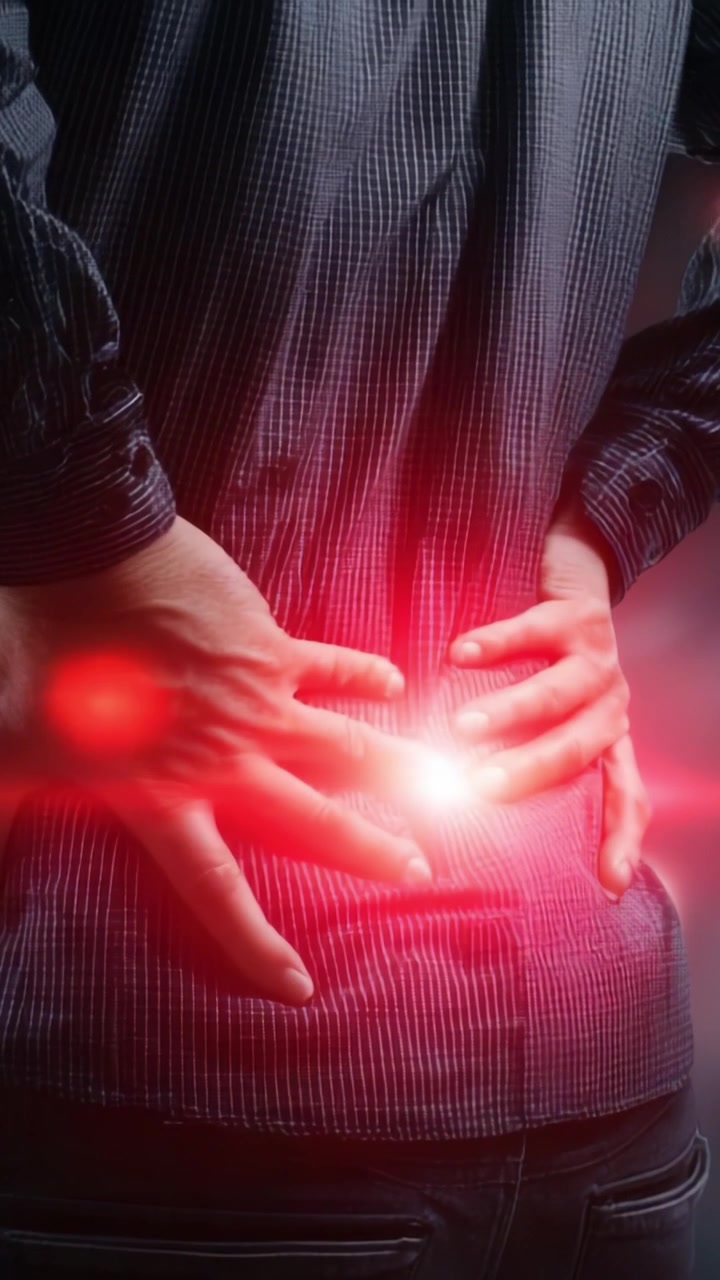 腰を痛めて掴む男性。腰の不快感との闘いを浮き彫りにし、痛みの緩和とセルフケアソリューションの必要性を強調している。