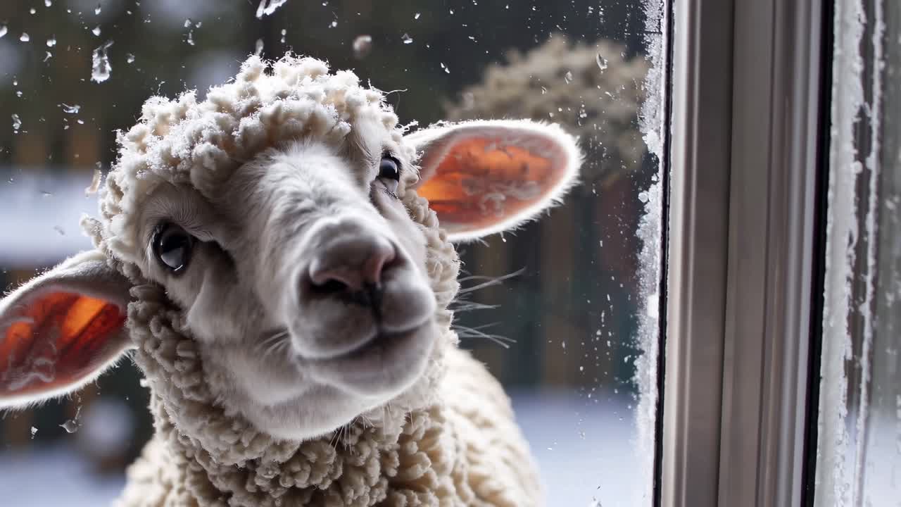 눈 인 창문을 통해 보는 귀여운 양