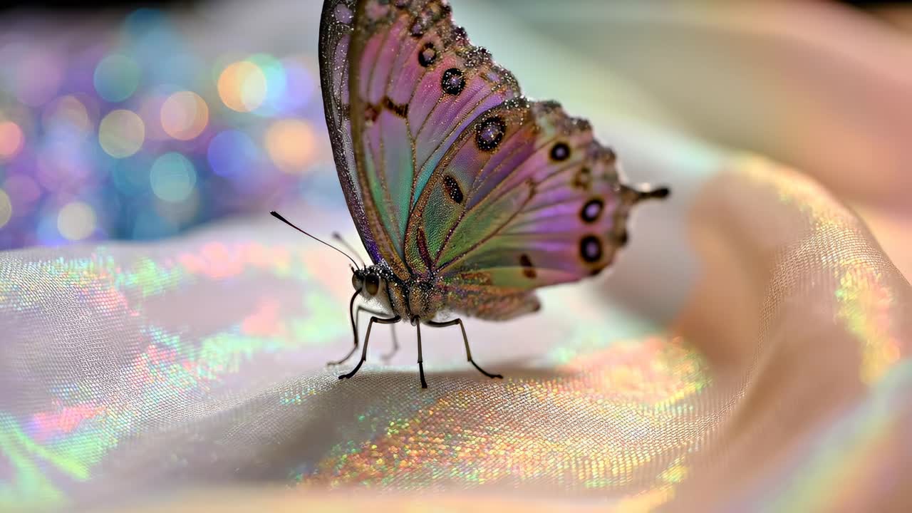 Nahaufnahme-Video eines Schmetterlings auf irisierendem Stoff, das lebendige Farben und Details einfängt