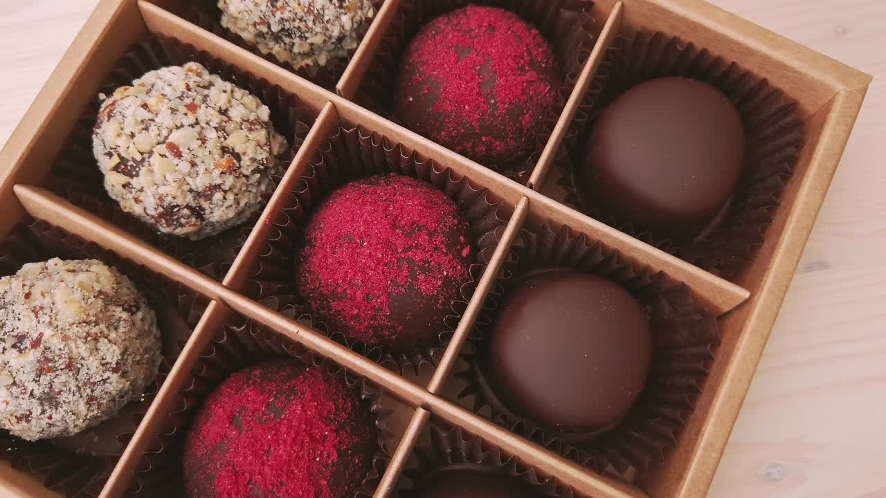 fabricación de cajas de regalos de caramelos de chocolate muy cerca de la cámara giratoria se mueve. chocolates variados confitería sobre fondo blanco