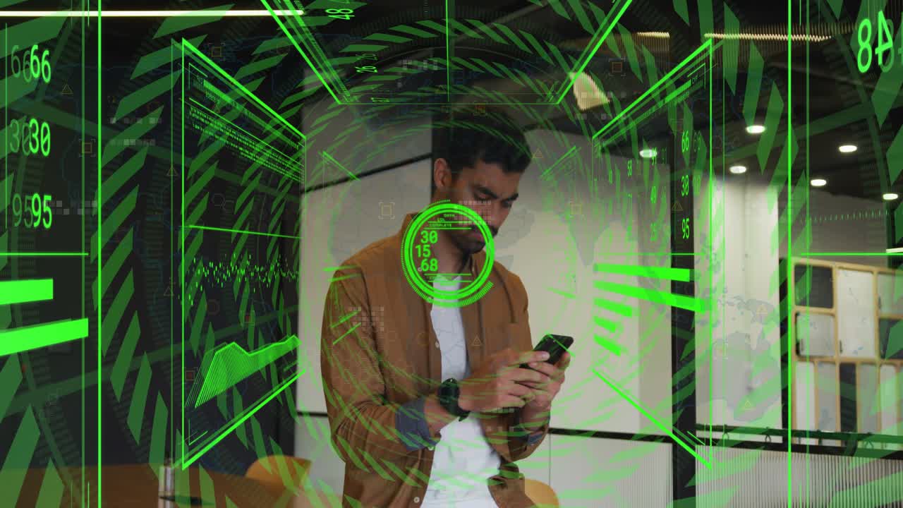 Tech pro tapping phone while viewing data causing green HUD with charts reticle pulsing around him