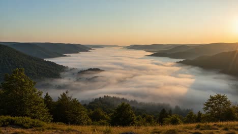 breathtaking dawn over misty valleys: a serene landscape views captured in early morning light, where rolling fog embraces mountains and forests beneath a beautiful sky