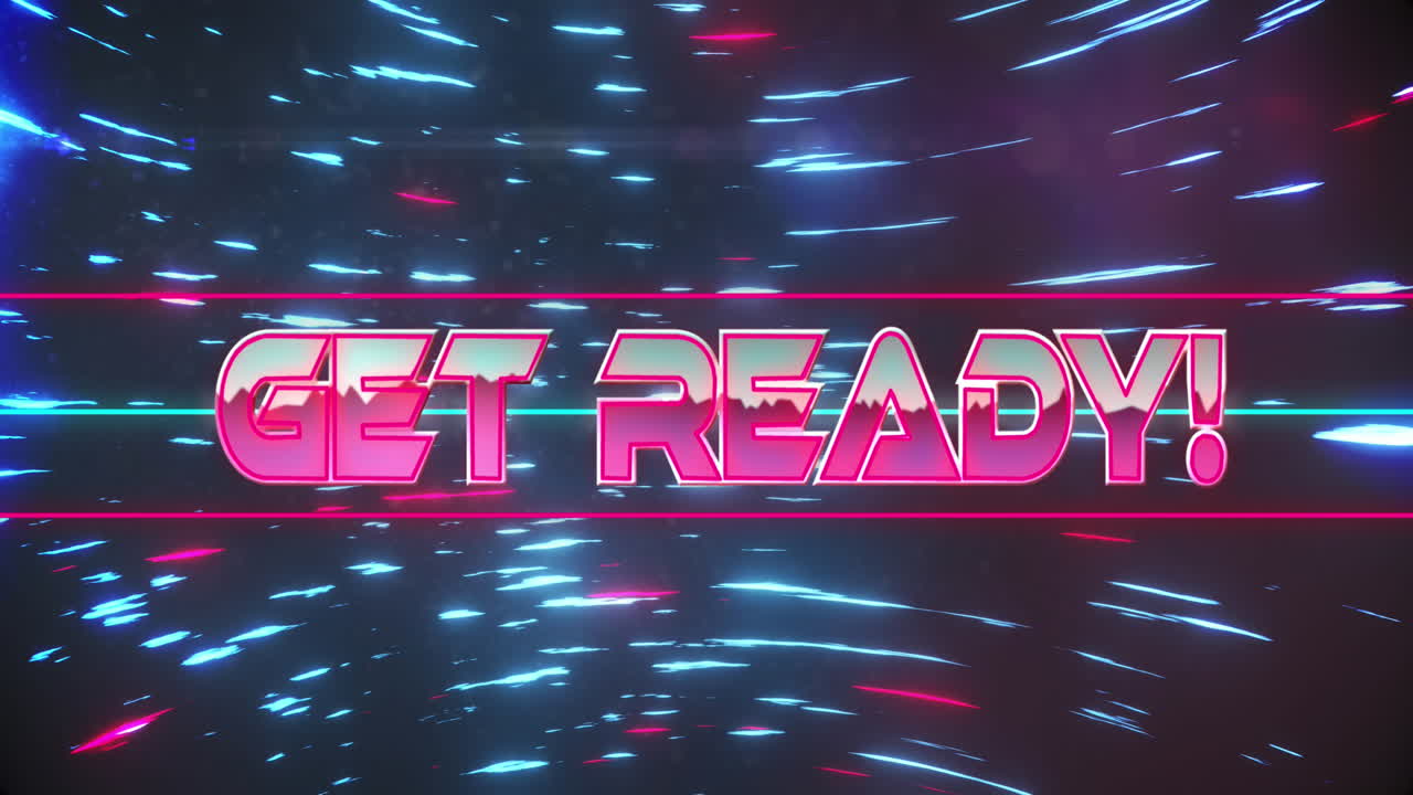 Animation of get ready text over moving blue and pink light trails