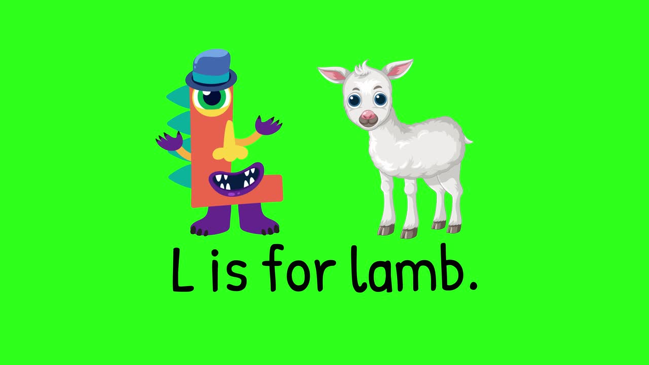 Colorful animation of the letter L and a lamb on a vibrant green background, emphasizing learning and fun