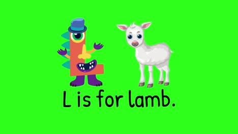 colorful animation of the letter l and a lamb on a vibrant green background, emphasizing learning and fun
