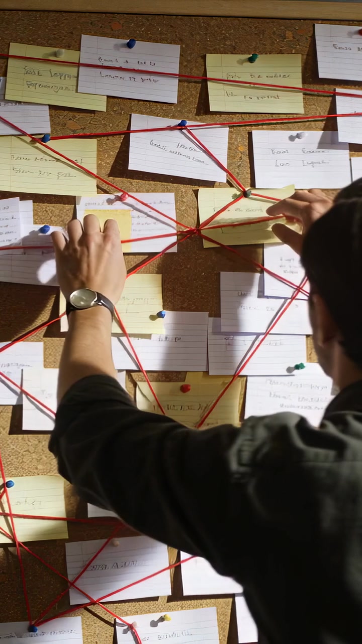 Vertical video: Scanning corkboard, man in olive jacket mapping notes and tightening red string
