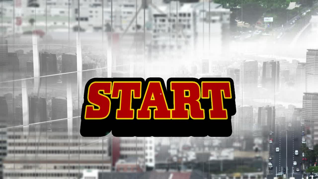 animación del texto de inicio sobre el fondo del paisaje urbano