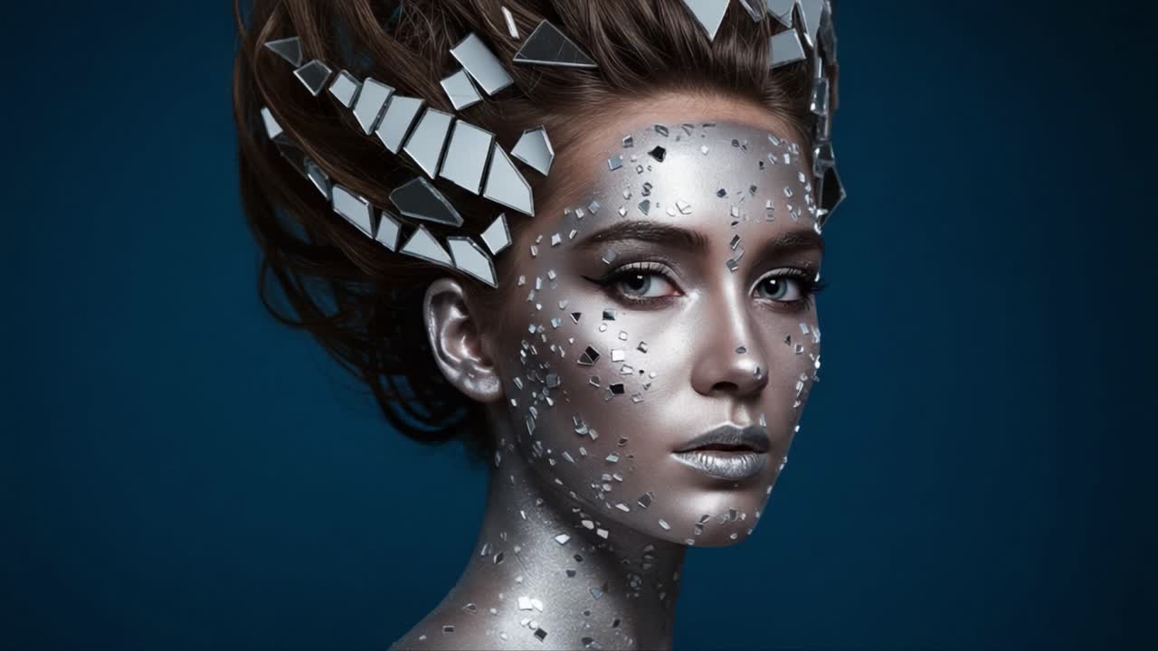 Trasformazione sorprendente: uno splendido ritratto che riflette la bellezza artistica con pezzi scintillanti e accenti argentati, mostrando l'essenza dell'arte del trucco moderno.