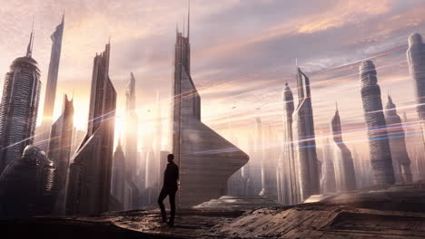 a lone figure stands overlooking a sprawling futuristic cityscape at sunset