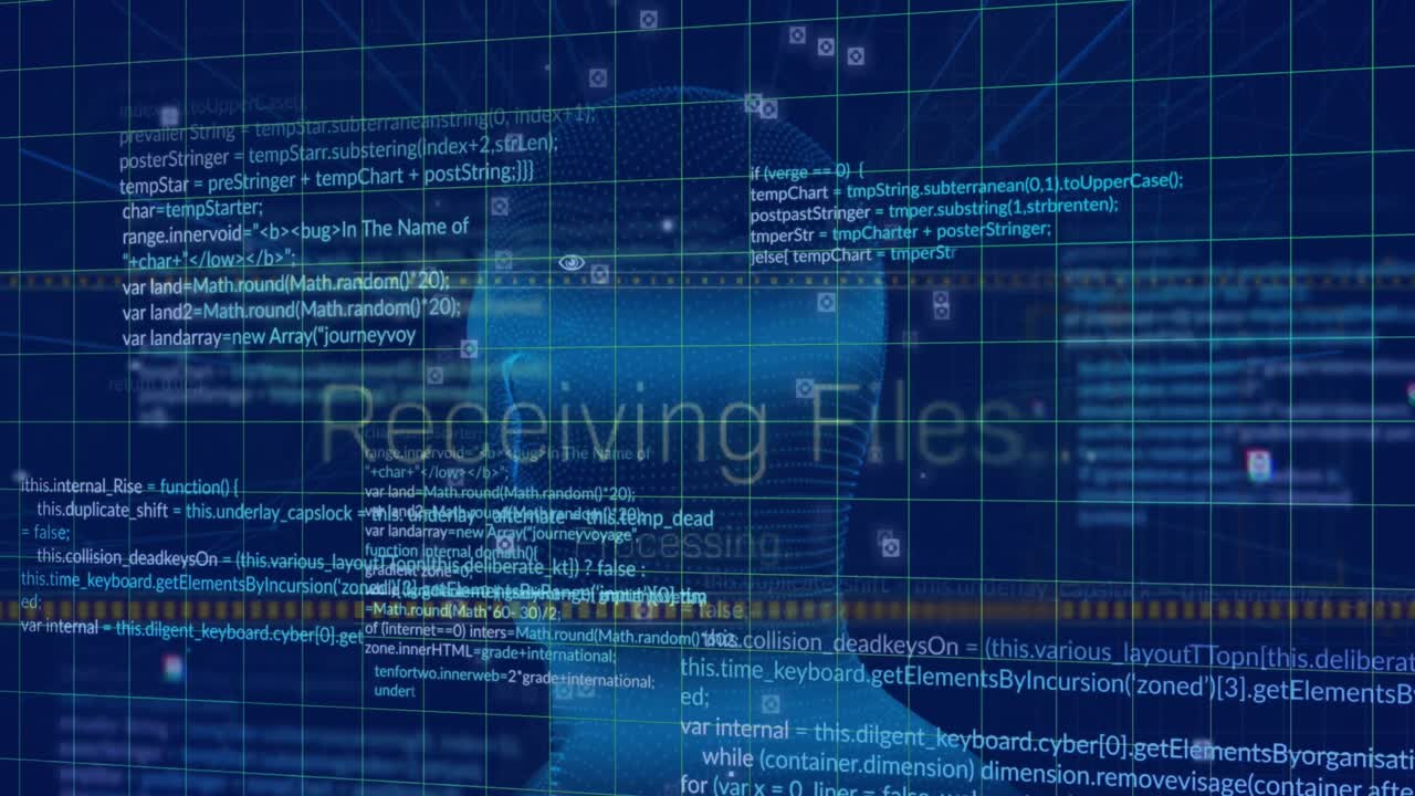 검은색 배경에 디지털 머리와 데이터 처리의 애니메이션