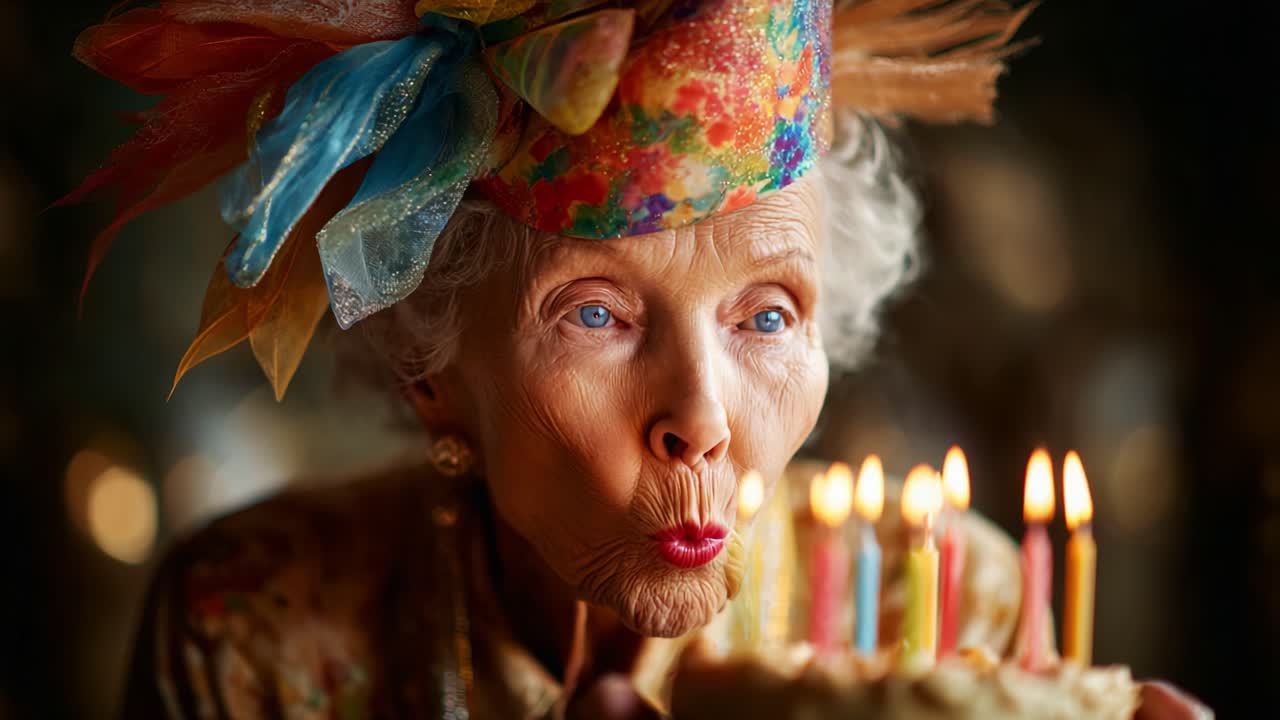 A Joyful Celebration: An Elderly Woman in a Colorful Hat Blows Out Birthday Candles on Her Cake, Capturing the Essence of Happiness and Togetherness in a Heartwarming Moment of Aging Gracefully