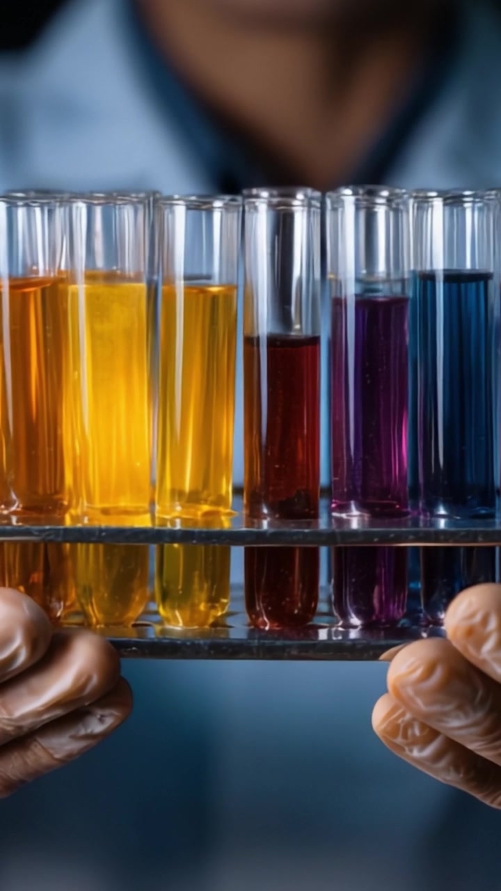 Nahaufnahme eines Wissenschaftlers, der eine Platte mit bunten Reagenzgläsern und verschiedenen flüssigen Lösungen hält, während er Chemie- und Experimentierprozesse in einem Labor analysiert.