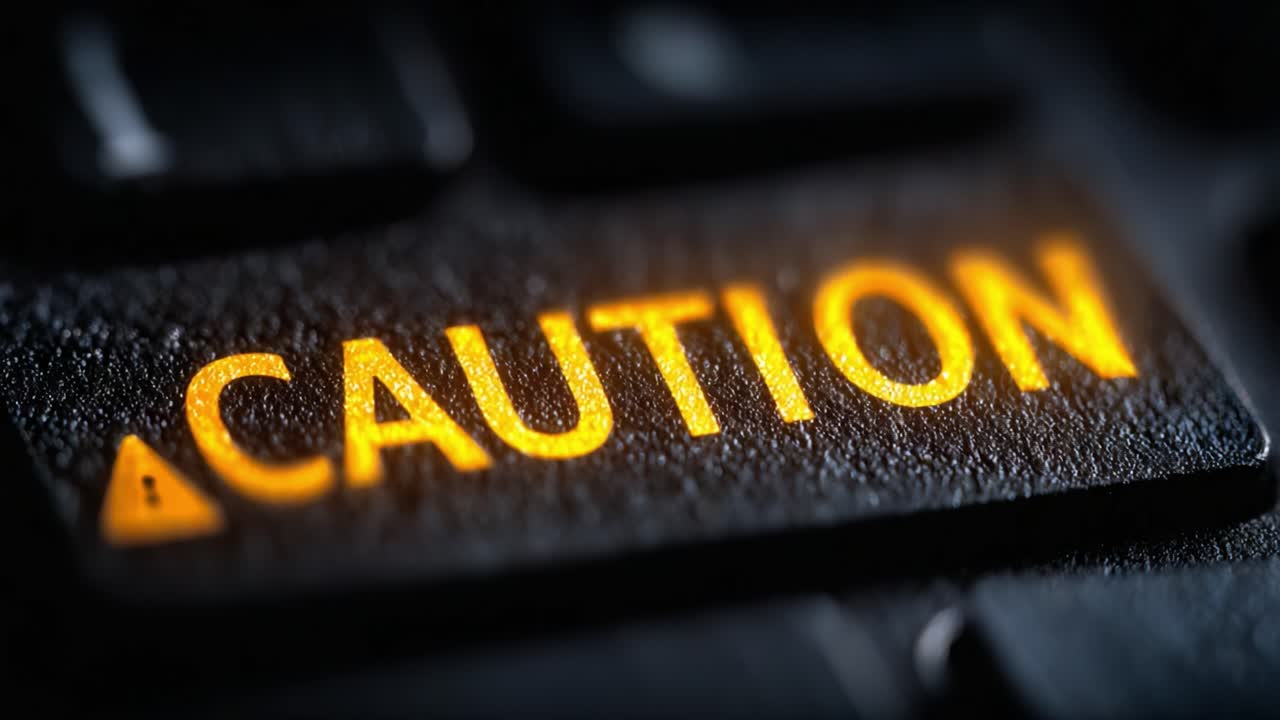 A Close-Up View of a Keyboard's Warning Light Displaying the Word 'Caution,' Emphasizing Safety Measures in Digital Environments and Electronic Devices