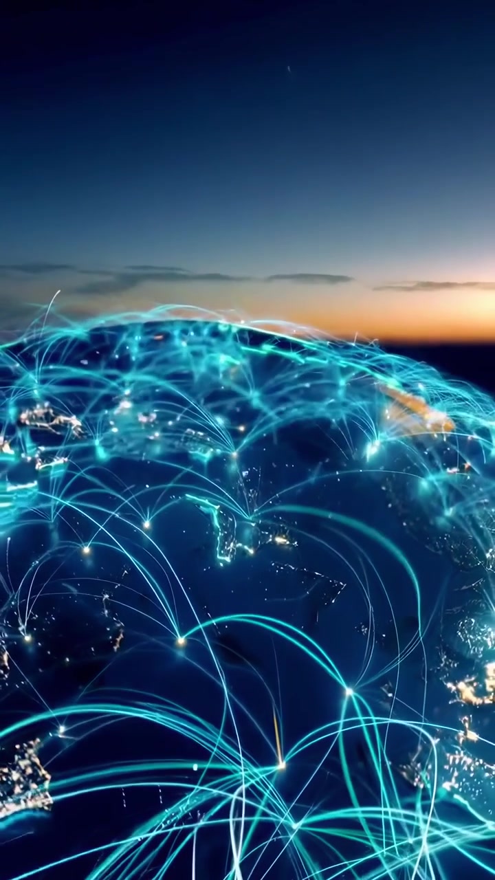 Digital Network Lines Connecting Cities on Earth at Dawn