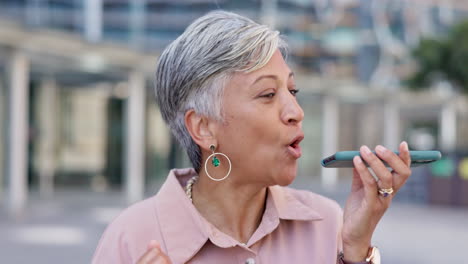 phone call, speaker and senior woman in city
