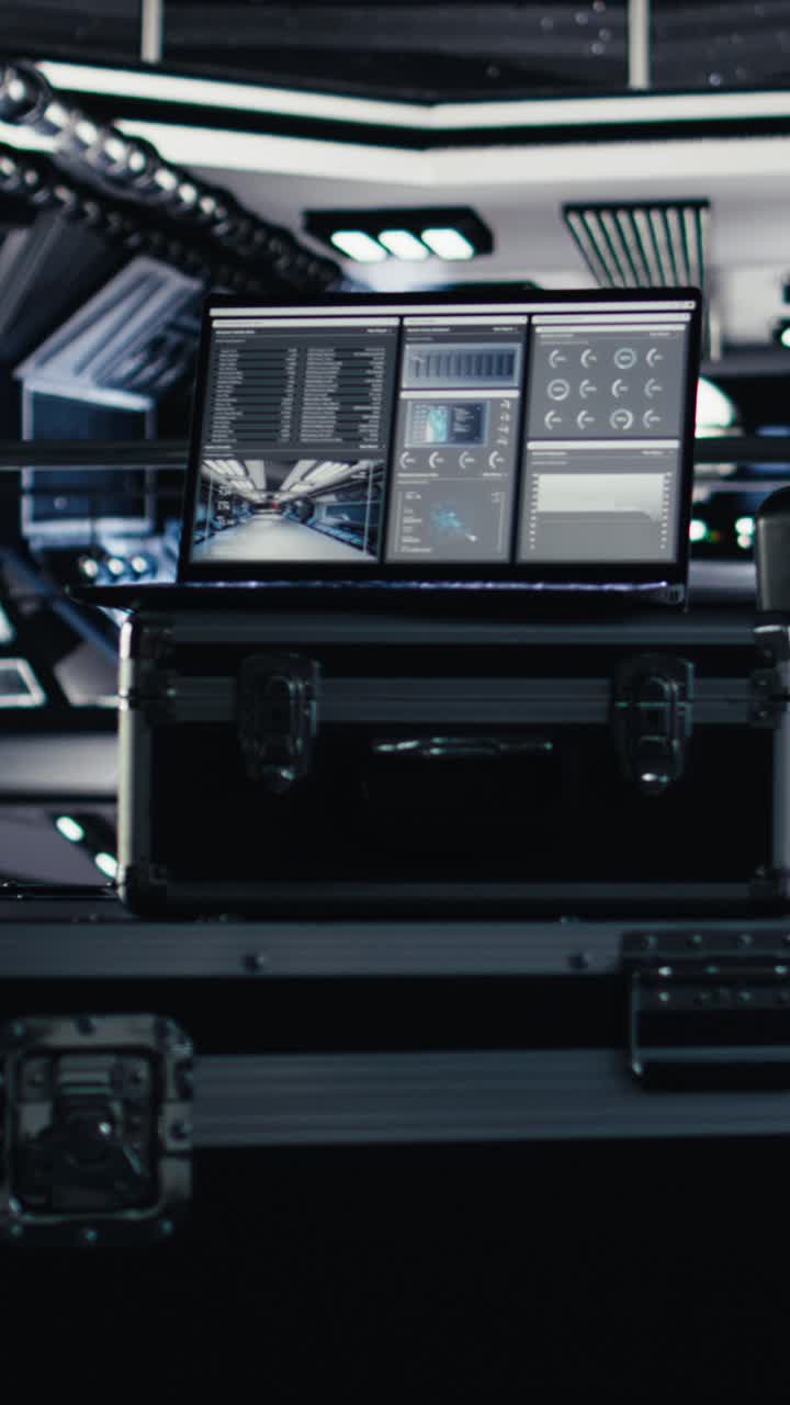 Vertical video Laptop in space station displaying detailed mission analytics panel
