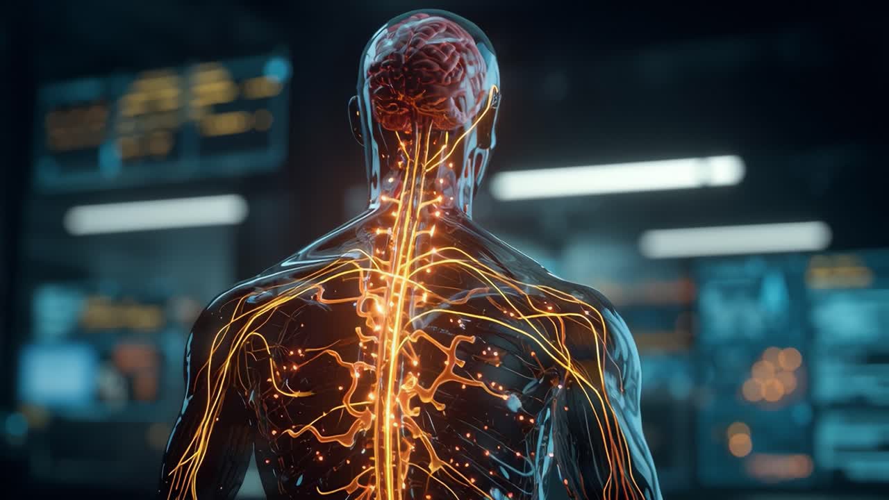 Anatomical Visualization of the Human Nervous System: Detailed Insight into Neural Pathways and the Brain's Structure Displayed in a Modern, High-Tech Environment