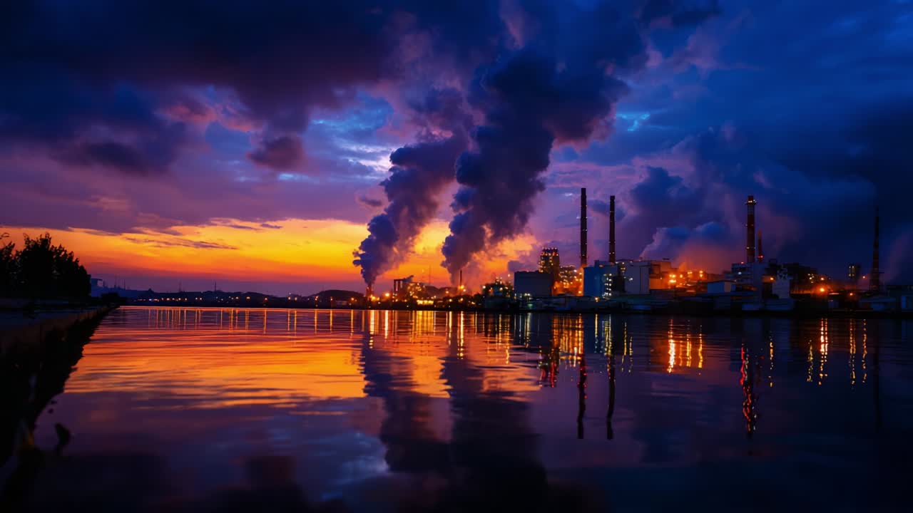 Dramatisk industrielt landskab i tusmørke: Refleksion af bølgende røg og farverig himmel over vand med fabrikssilhuetter midt i livlige nuancer af blå, orange og lilla i skumringen