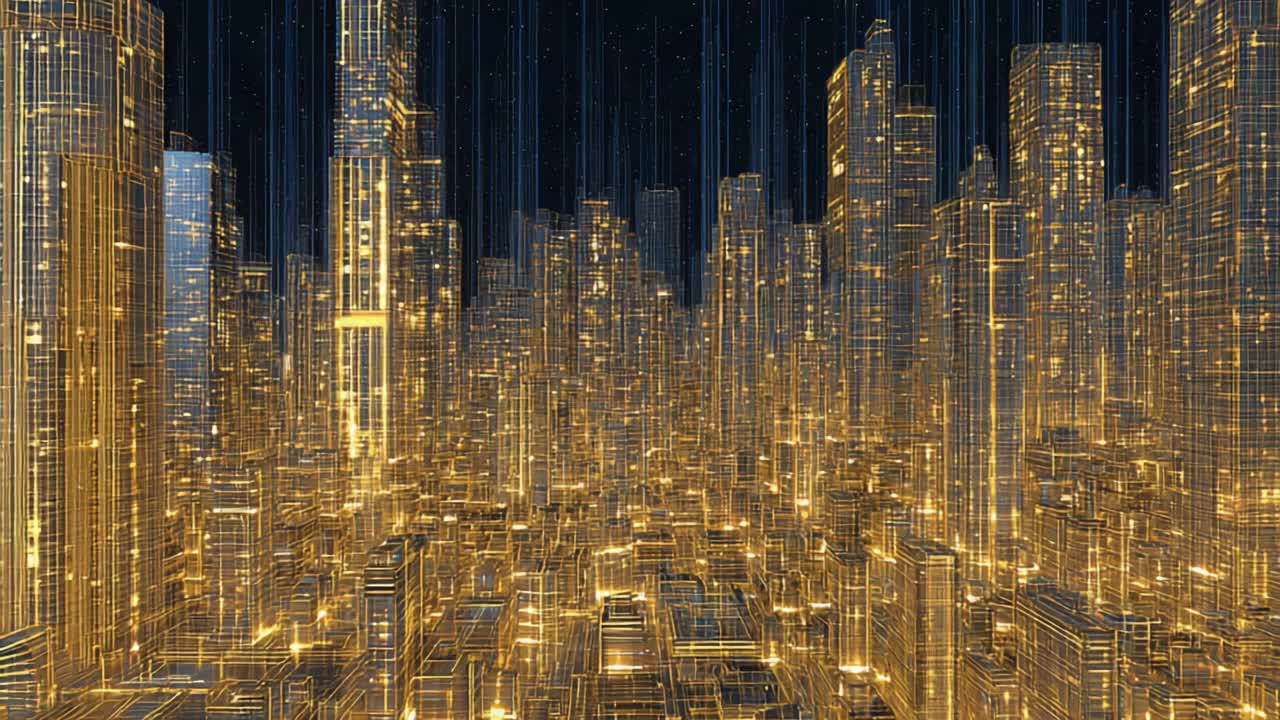 A Stunningly Glowing Cityscape with Radiant Golden Skyward Towers Illuminated by Dazzling Light Effects and Digital Aesthetics in a Futuristic Setting