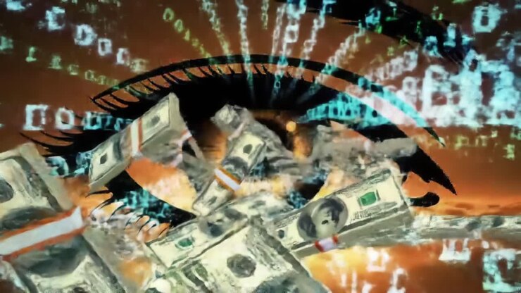 Una fusione artistica di tecnologia e visione: esplorando l'interazione tra l'occhio e la valuta digitale su uno sfondo mozzafiato con sfumature di tramonto