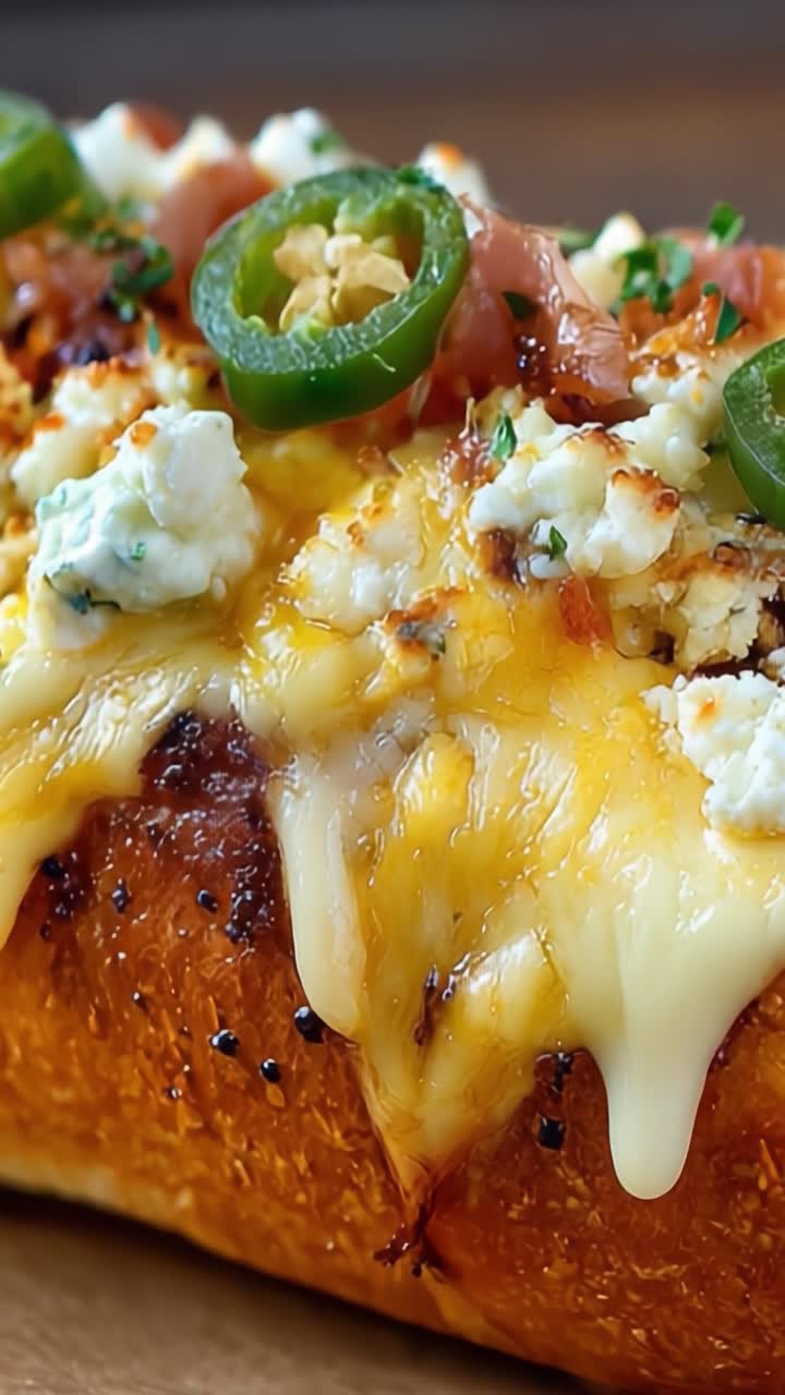 Un Panino al Formaggio Delizioso Guarnito con Jalapeños Freschi, Feta Sbriciolata e Pancetta Croccante, Perfettamente Tostato per un'Esperienza di Sapore Irresistibile