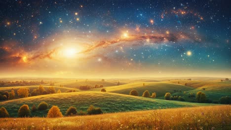 a stunning cosmic landscape: ethereal fields under a starry sky with a distant galaxy illuminating the horizon and creating a dreamlike ambiance