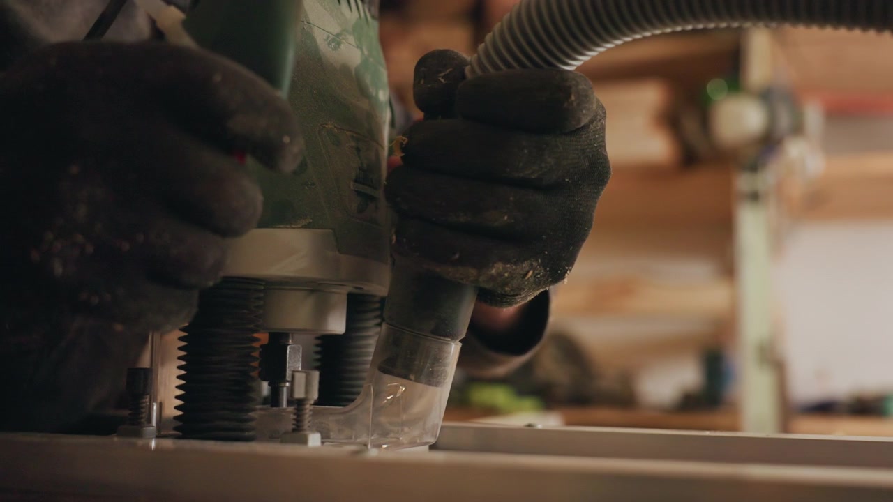 Close up shows gloved hand using electric router on workpiece in workshop setting. Hands adjust and guide power tool with attached dust extraction hose focusing on precise cutting or shaping