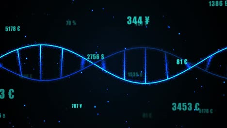 Animación-De-Múltiples-Números-Cambiantes-Sobre-La-Estructura-Giratoria-Del-ADN-Y-Puntos-Azules-Brillantes.