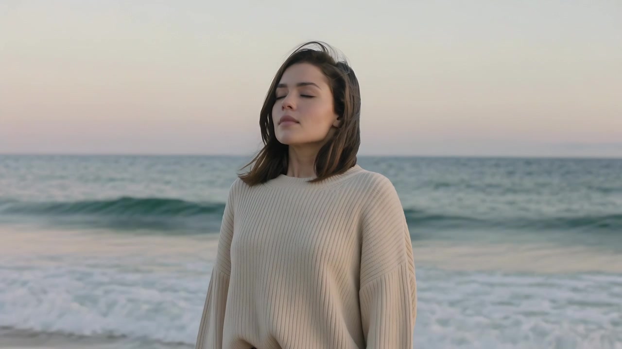 Mujer de pie en la orilla, levantando la cara, con suéter y jeans moviéndose por la brisa ligera, mientras las olas rompen.