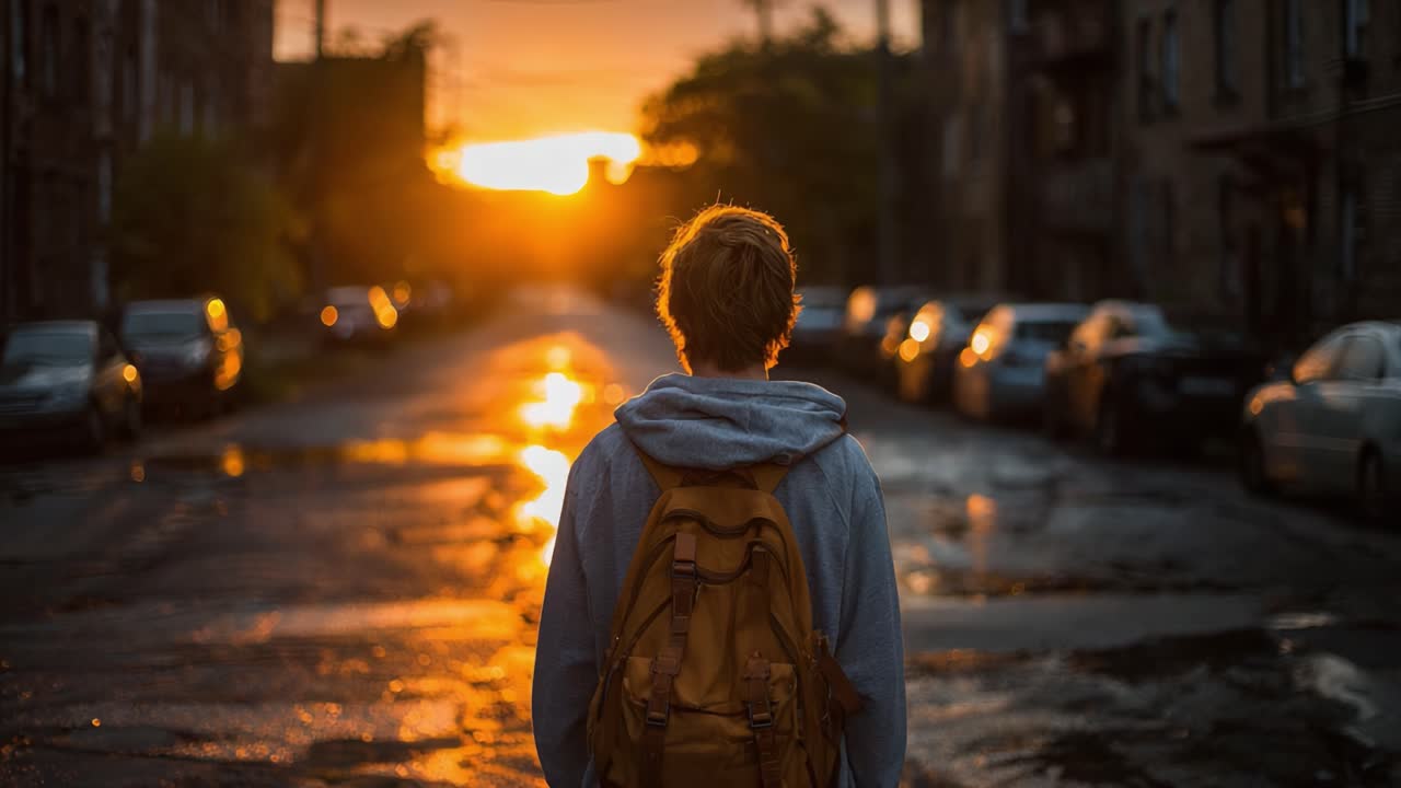 A Serene Evening Walk: Capturing the Tranquil Beauty of Sunset Reflections on a Quiet Street as a Young Person Contemplates Life's Journey