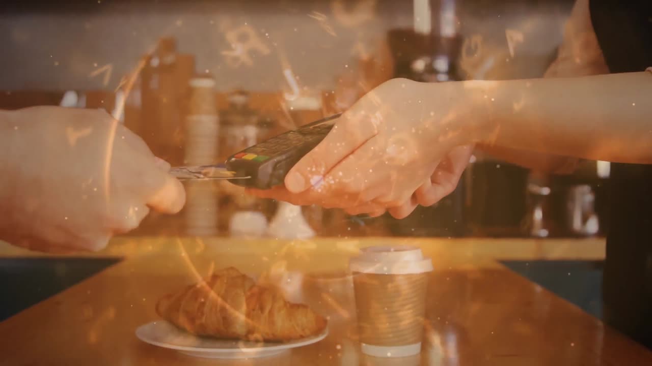 바에 서 있는 백인 남성 위에 오렌지색 원으로 떠다니는 글자와 숫자의 애니메이션