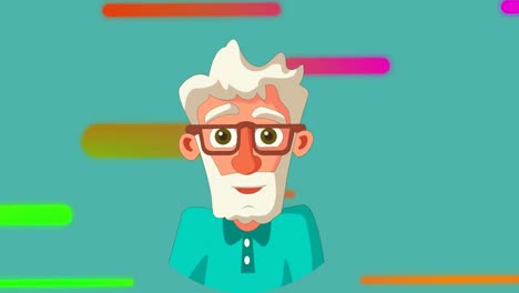Animation-of-illustration-of-happy-senior-man-over-colourful-capsule-shapes-moving-across-blue