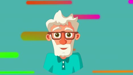 animation of illustration of happy senior man over colourful capsule shapes moving across blue