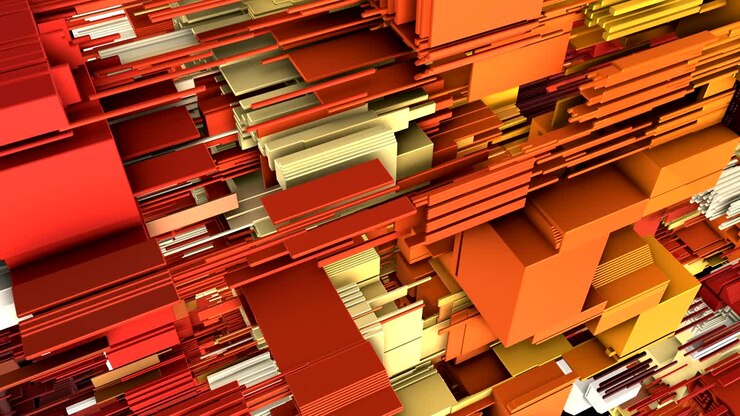 Abstract 3D rendering of surface with random cubes and electronic shapes.