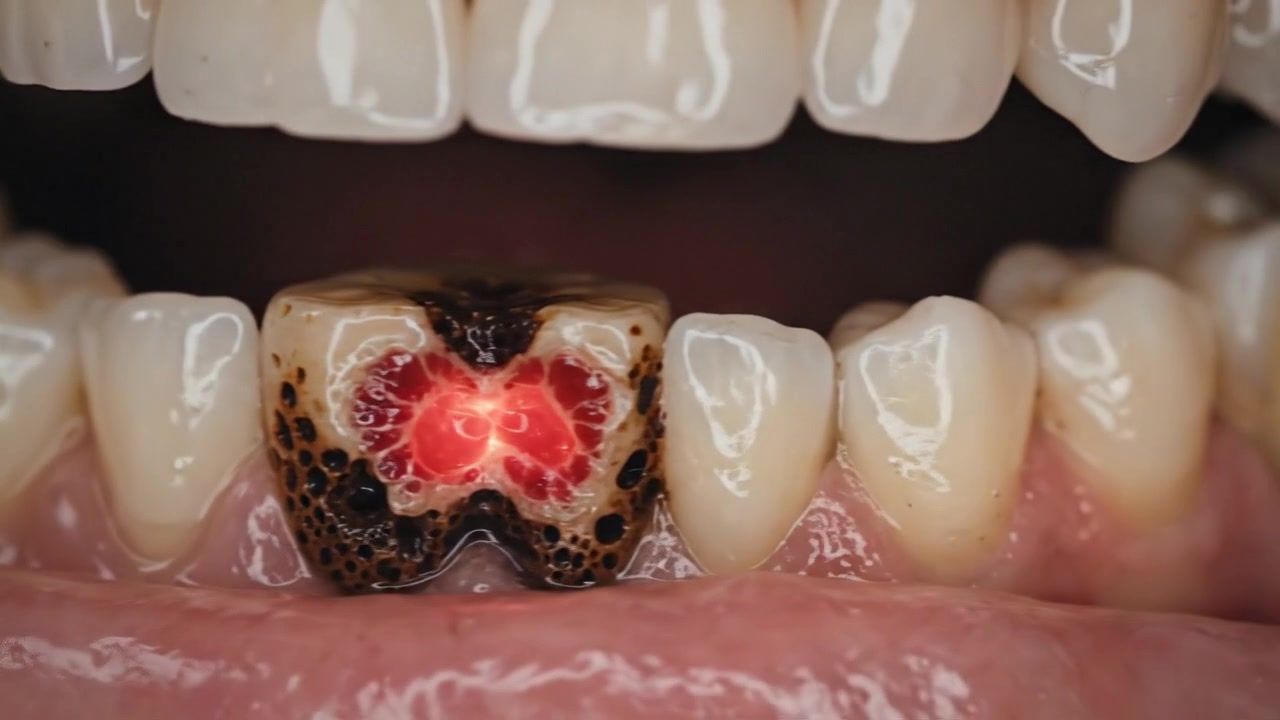 Close dental cross section showing severe tooth decay and infection in a professional healthcare setting