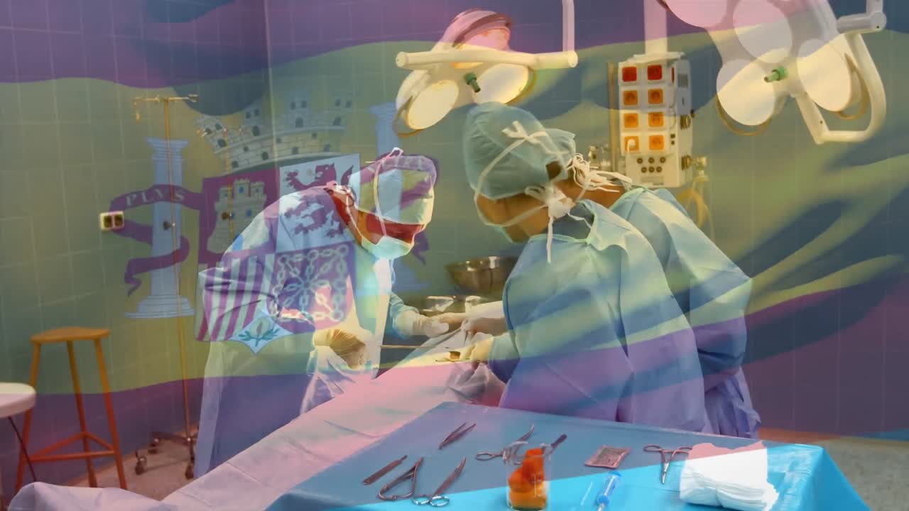 수술실에서 외과 의사 들 위 에 스페인 국기 가 흔들리는 애니메이션